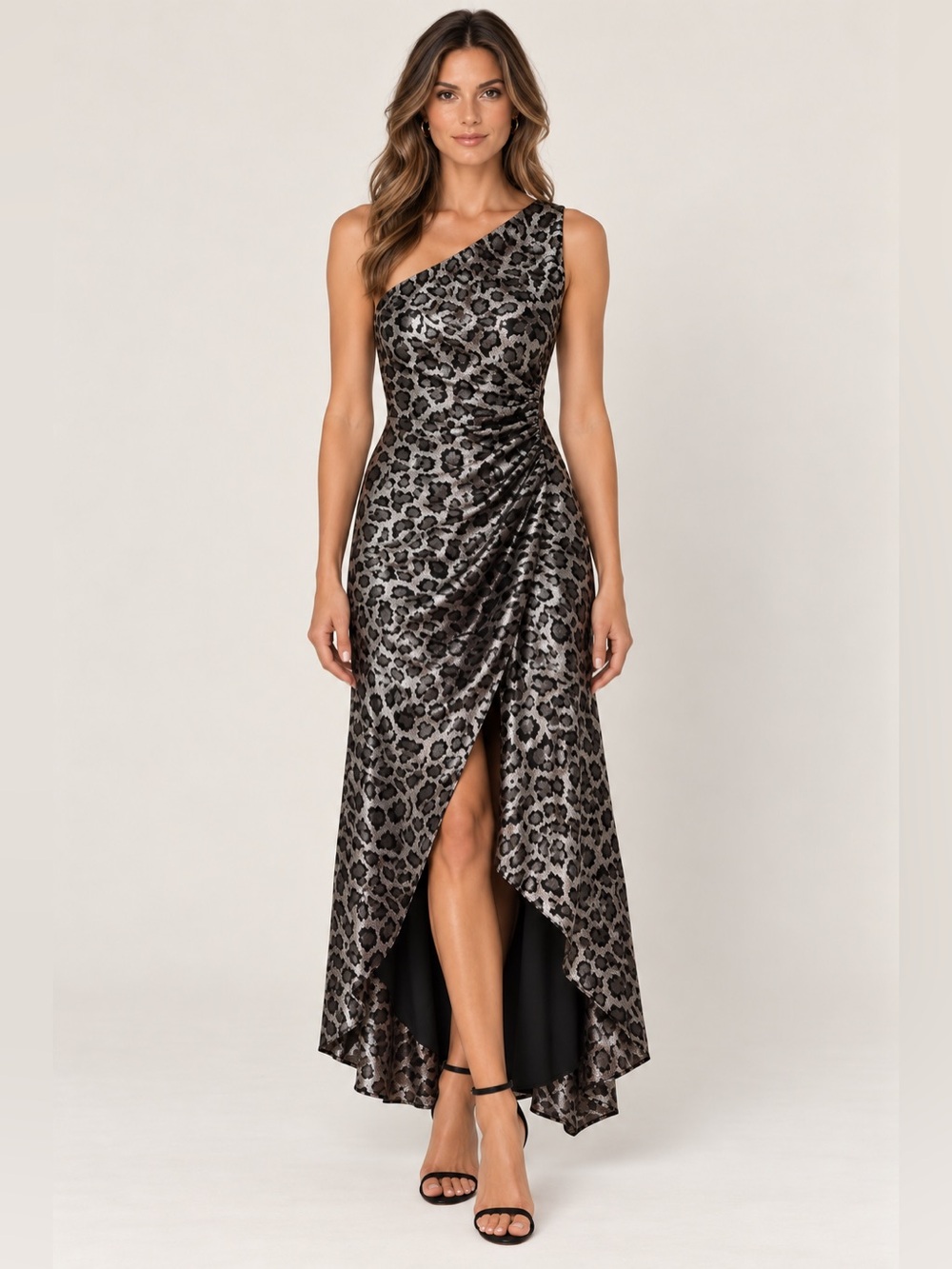 NWT Aidan Mattox One-Shoulder Metallic Leopard Print Dress - Silver/Black